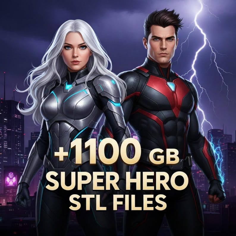 May include: Digital illustration of two superheroes, a woman with silver hair and a man, against a cityscape backdrop with lightning. The text reads "+1100 GB SUPER HERO STL FILES". The woman wears a silver and black suit, and the man wears a black and red suit.