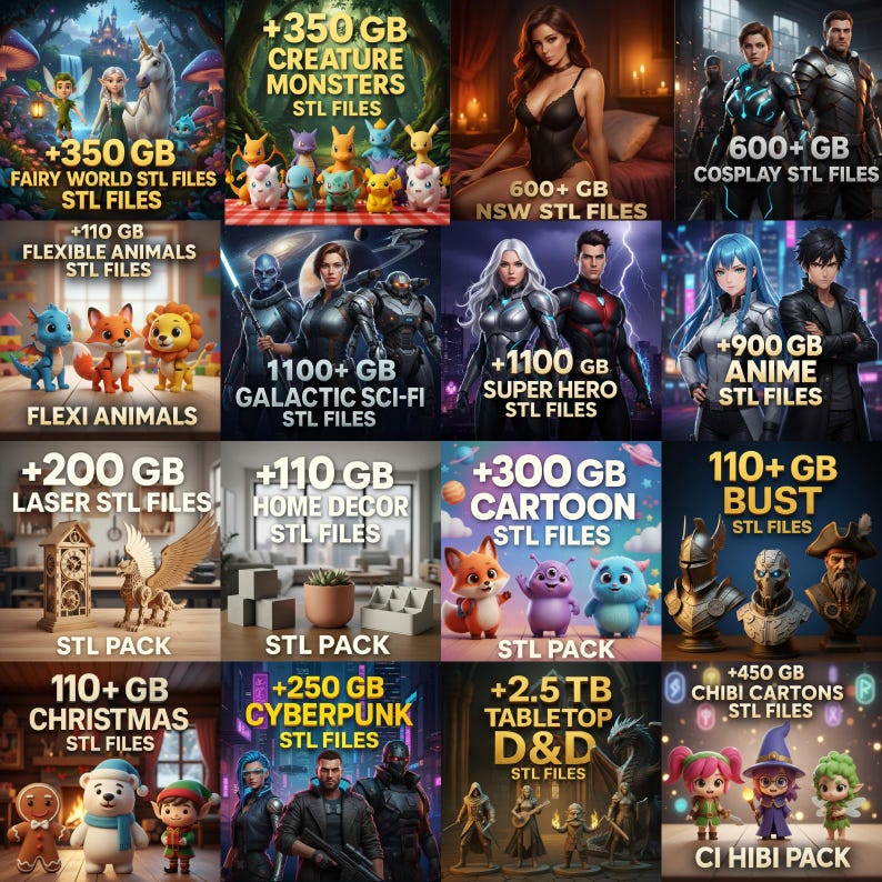 May include: A grid of digital art packs with various themes, including fantasy, sci-fi, and anime. Each pack is labeled with its content type and storage size in GB or TB. The packs feature images of creatures, characters, and objects.