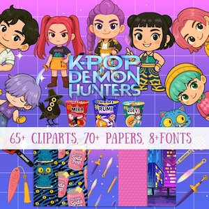 May include: Digital art bundle with cartoon characters, food packaging, and patterned backgrounds. The text "K-POP DEMON HUNTERS" is displayed. Additional text includes "65+ CLIPARTS, 70+ PAPERS, 8+ FONTS".