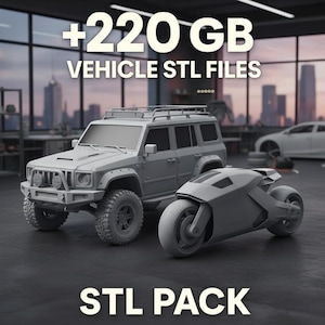 May include: A gray 3D rendering of a vehicle STL pack. The image features a detailed SUV and a futuristic motorcycle. Text on the image reads '+220 GB VEHICLE STL FILES' and 'STL PACK'. The vehicles are set against a blurred cityscape background.