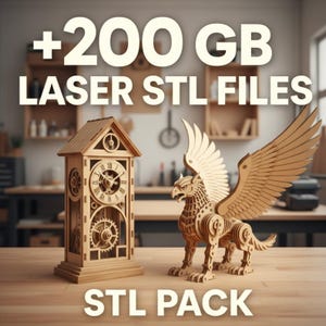 May include: Wooden laser-cut models of a clock and a griffin. The clock has Roman numerals and visible gears. The griffin has large, detailed wings. The image includes the text "+200 GB LASER STL FILES" and "STL PACK".