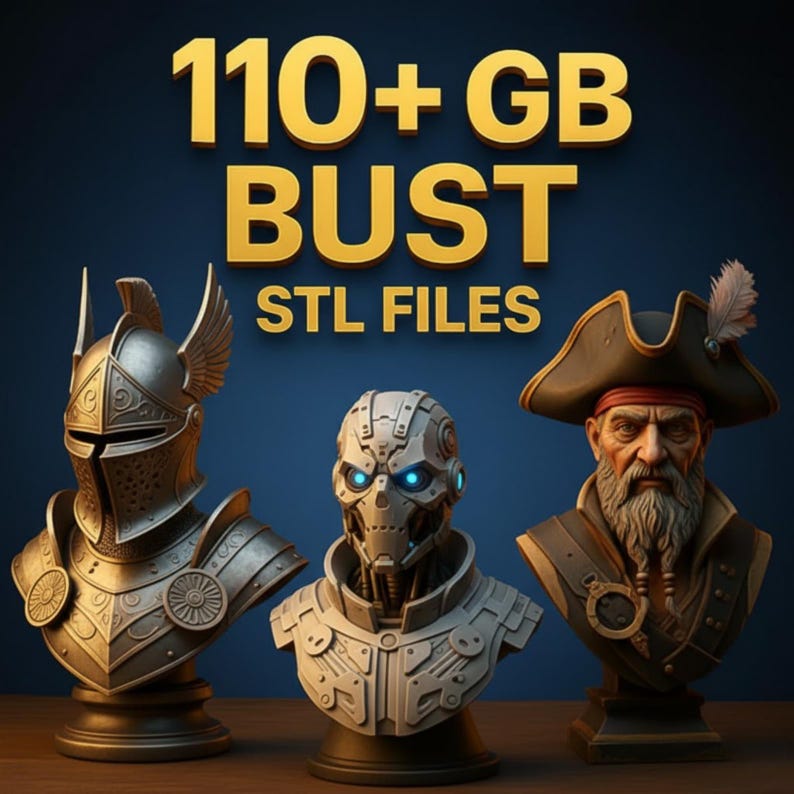 May include: Image features three detailed bust sculptures: a knight in armor, a futuristic robot, and a pirate. The text overlay reads "110+ GB BUST STL FILES" in gold lettering, indicating digital 3D models.