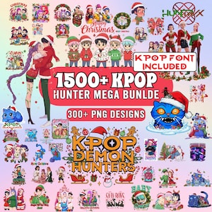 May include: A digital art bundle featuring KPOP-themed Christmas designs. The image includes various illustrations of characters in Santa hats, along with the text "1500+ KPOP HUNTER MEGA BUNLDE" and "300+ PNG DESIGNS". The words "KPOP DEMON HUNTERS" are also visible.