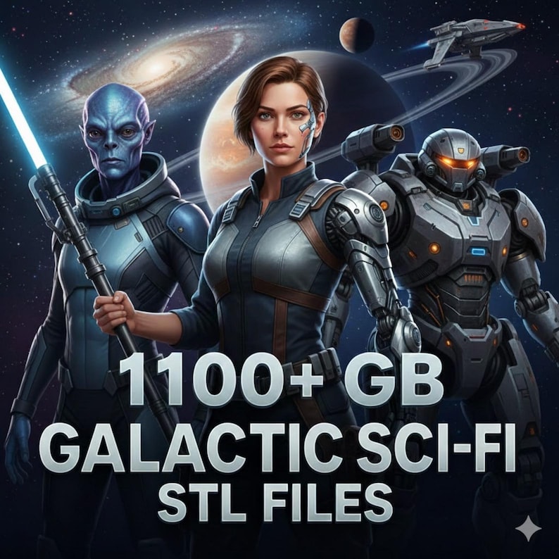 May include: Digital art featuring three futuristic characters against a space backdrop. The image includes a blue alien with a glowing staff, a woman in a silver and black suit, and a robot. Text reads "1100+ GB GALACTIC SCI-FI STL FILES."