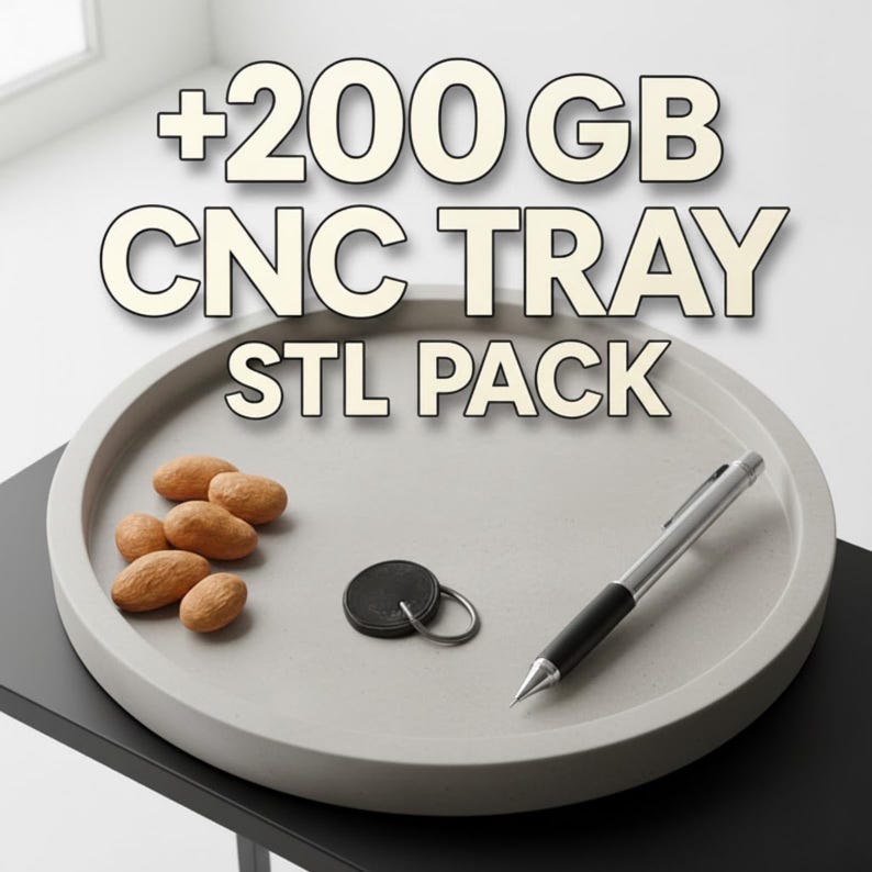 May include: A round, light gray CNC tray with the text "+200 GB CNC TRAY STL PACK". The tray holds almonds, a key fob, and a pen. The tray sits on a black surface.