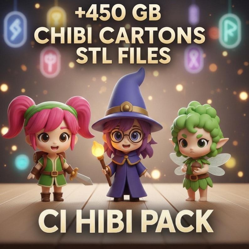 May include: Image featuring three chibi cartoon characters: a warrior with pink hair, a wizard with purple hair and a staff, and a fairy with green hair and wings. Text reads "+450 GB CHIBI CARTONS STL FILES" and "CI HIBI PACK".