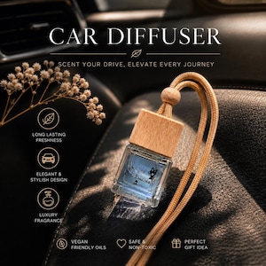 Hanging Car Diffuser | Refillable Glass Bottle, Minimalist Luxury Air Freshener | Inspired Scents | Gift For Him, Her