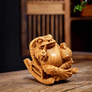 Puede incluir: Tallado en madera detallado de una rana fumando en pipa, sentada en un balancín de bambú. La escultura de la rana es de color marrón claro con detalles intrincados, incluyendo los rasgos faciales de la rana y la textura del bambú. La talla está sobre una superficie de madera.