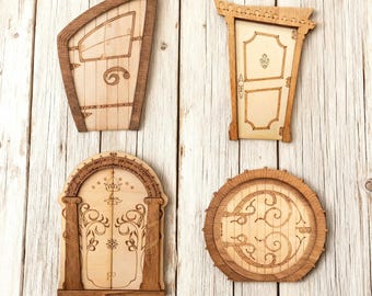 Porta de fada mágica em miniatura de madeira impressa para interiores | Estatuetas rústicas de porta de elfo | Decoração encantada para quarto de princesa e casa de fadas