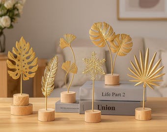 Escultura de Folha de Metal para Decoração de Mesa, Ornamento Botânico Dourado com Suporte de Madeira, Acento Estético para Decoração de Casa, Decoração de Prateleira, Presente de Arte para Mesa