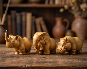 Afrikanische große drei Holztierfiguren Set Hand geschnitzter Elefant Nashorn Nilpferd Dekor Weißer Ahorn & Klippe Cypress Holz Home Regal Geschenk