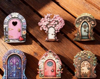 Porta de fada mágica em miniatura de madeira impressa para interiores | Estatuetas rústicas de porta de elfo | Decoração encantada para quarto de princesa e casa de fadas