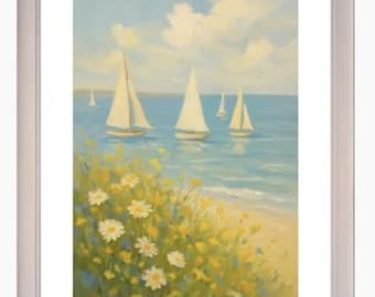 Coastal Sailboat Scene Wall Art - Digital Printable Download