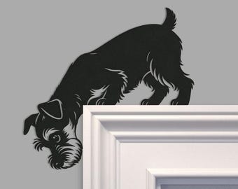 Curious miniatuur schnauzer metalen deurstopper
