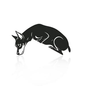 May include: A black silhouette graphic of a dog in a crouching position with its head lowered toward the ground. The design features sharp, clean lines and a solid black fill, creating a high-contrast visual representation of a canine.
