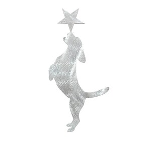 Op de afbeelding: Zilveren metalen silhouet van een hond die naar een ster reikt. De hond staat op zijn achterpoten, met zijn voorpoten omhoog. De ster bevindt zich boven de kop van de hond en lijkt door de neus van de hond te worden aangeraakt.