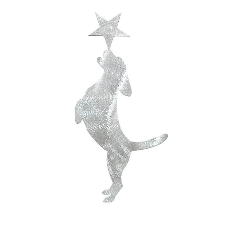 Op de afbeelding: Zilveren metalen silhouet van een hond die naar een ster reikt. De hond staat op zijn achterpoten, met zijn voorpoten omhoog. De ster bevindt zich boven de kop van de hond en lijkt door de neus van de hond te worden aangeraakt.