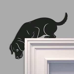 Op de afbeelding: Zwart metalen silhouet van een Labrador Retriever hond, die over een witte rand lijkt te kijken. De kop en voorpoten van de hond zijn naar beneden gericht, met de staart omhoog gebogen. De achtergrond is effen grijs.
