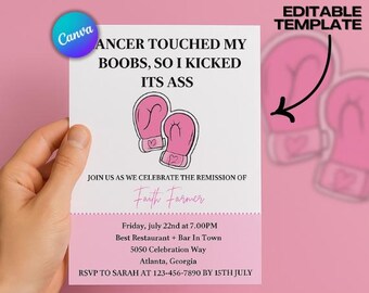Cancer Remission Party Invitation, Pink Ribbon, Editable Template (Digital Download)