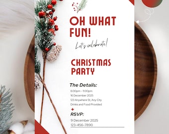 Editable Christmas Party Invitation, Oh What Fun, Canva Template (5x7) (PDF)