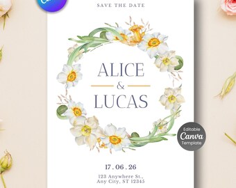 Floral Save the Date Template, Engagement Announcement, Wedding Invitation (Editable Canva)