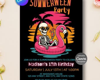 Invitación de cumpleaños de verano / Invitación editable para fiesta fantasma en la piscina / Descarga digital / Celebración de verano espeluznante