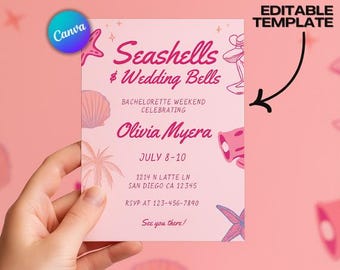 Invitación de despedida de soltera con conchas y campanas de boda, temática playera (PDF editable)