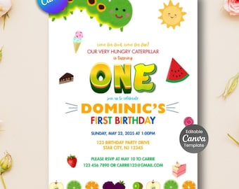 Very Hungry Caterpillar Birthday Invitation, Editable Canva Template (PDF)