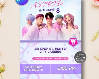 Convite de aniversário editável de Caçadores de Demônios K-pop, Convite de aniversário K-pop, Convite de Guerreiros K-pop, Convite de festa de aniversário de anime para imprimir