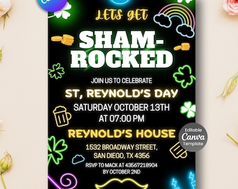 Neon St. Patrick's Day Newspaper Invitation, Irish Party (Digital Download)