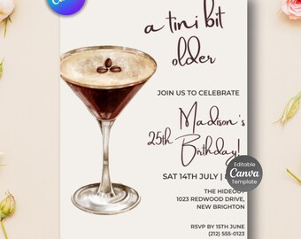 Invitación de cumpleaños con Espresso Martini, editable para adultos (PDF)