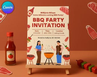 Invitación de cumpleaños con barbacoa (plantilla editable en Canva) para fiesta de barbacoa rústica en el patio trasero, invitación digital, cumpleaños animado para móvil, descarga instantánea de Evite