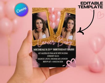 Folleto editable de cumpleaños de Cáncer, invitación para fiesta del zodiaco (descarga digital)