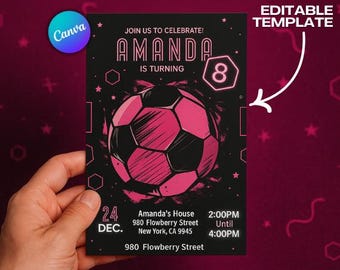 Invitación de cumpleaños de fútbol femenino, invitación rosa para fiesta de fútbol, plantilla editable de Canva, descarga digital