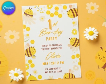 Editable Bee 1st Birthday Invitation, Bumblebee Party (PDF)