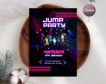 Invitación de cumpleaños para niña en trampolín: Fiesta de saltos, plantilla editable (PDF)