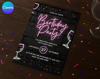 Invitación de cumpleaños número 13 con brillo neón, invitación oficial editable para fiesta de adolescentes, plantilla de cumpleaños de niño con grafiti azul