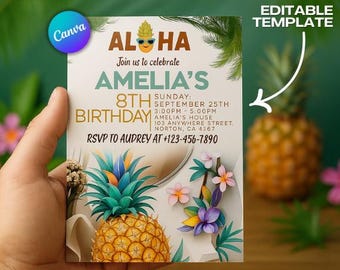 Invitación de cumpleaños tropical, fiesta Aloha Luau (PDF editable)