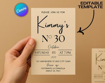 Invitación de cumpleaños elegante, moderna, minimalista, en blanco y negro (PDF editable)