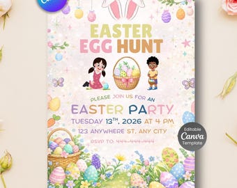 Easter Egg Hunt Invitation, Editable Canva Party Template (Digital Download)