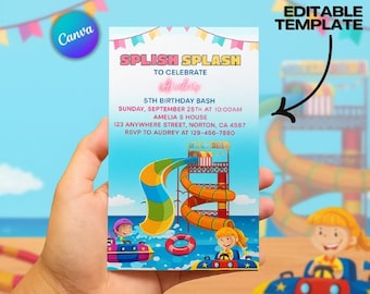 Invitación de cumpleaños con tobogán acuático, fiesta en la piscina para niñas (PDF editable)