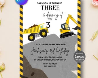Construction Truck Birthday Invitation, Editable Template (PDF)