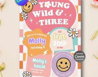 Checkered Smile Face Third Birthday Invitation, Retro Groovy (Digital Download)