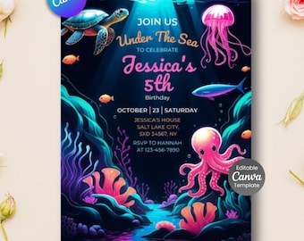 Invito di compleanno "Sotto il mare", animali dell'oceano al neon (modello Canva modificabile)
