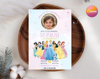May include: A party invitation featuring a photo of a young girl, surrounded by the text "Join us to celebrate." Below, the text reads "Our Little Princess Sophia is turning five!" and includes the date, time, and location, with illustrations of Disney princesses.