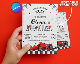 Invitación de coche de carreras, foto personalizada, invitación electrónica para el primer cumpleaños de Fast one Boy, fiesta de carreras vintage roja, Race On Over
