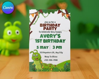 Invitación de cumpleaños editable de la Oruga Hambrienta, plantilla de invitación para fiesta de primer cumpleaños, tarjeta de cumpleaños imprimible en Canva, descarga digital