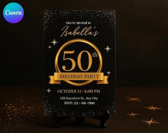 Plantilla de video de invitación digital para fiesta de 50 cumpleaños, invitación editable de lujo con globos negros y dorados, cumpleaños de mujer