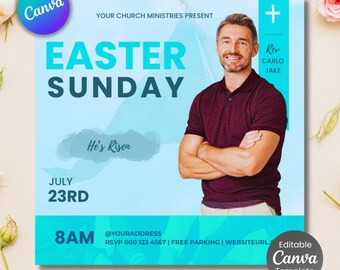 Easter Sunday Church Flyer Template, Editable Canva Design (Digital Download)
