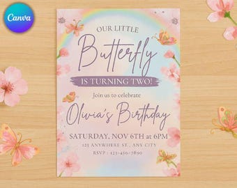 Invitación de cumpleaños de mariposa, fiesta de mariposa para niña, invitación de cumpleaños de mariposa morada, invitación para el primer cumpleaños